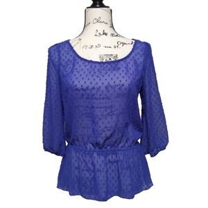 Sheer Royal Cobalt Blue Blouse Peplum 3/4 Sleeve Top Textured Polka Dots Small